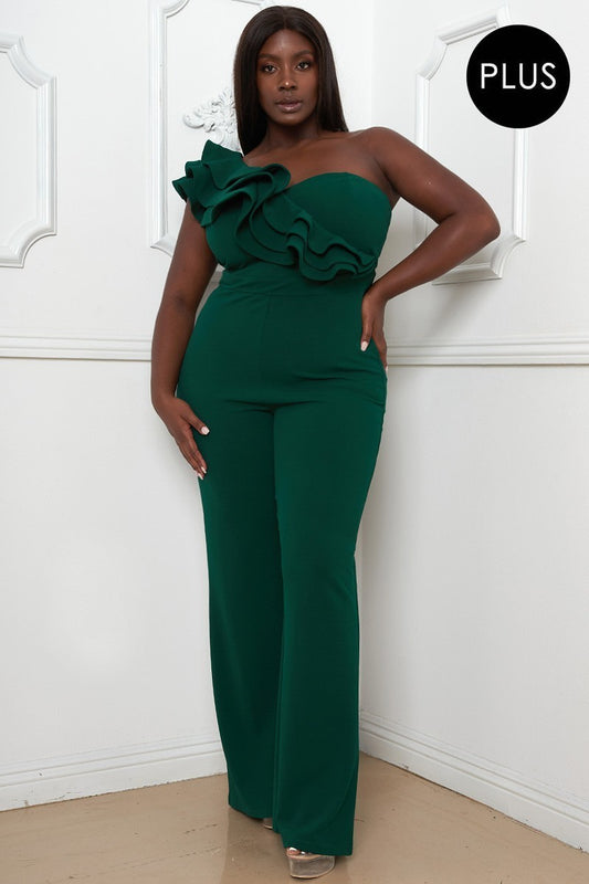 Plus Hunter Green Layered Ruffle One-Shoulder Jumpsuit