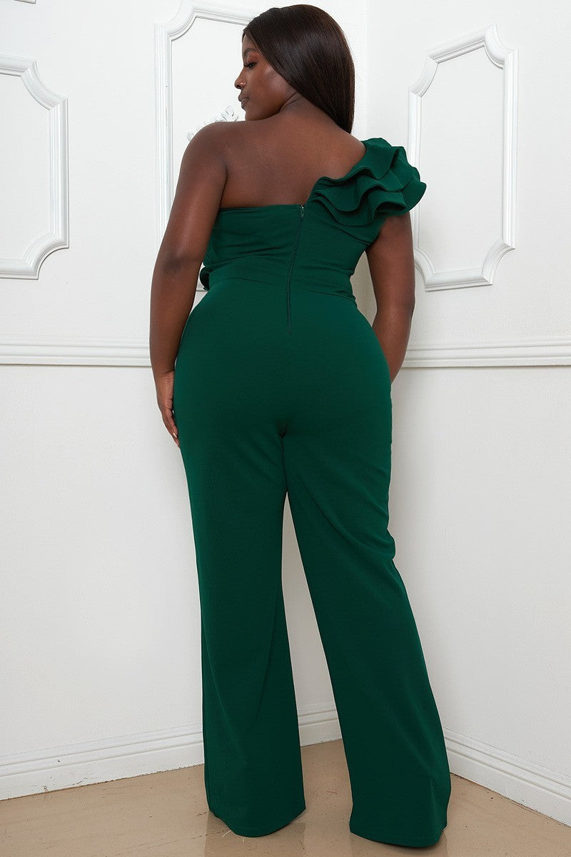 Plus Hunter Green Layered Ruffle One-Shoulder Jumpsuit
