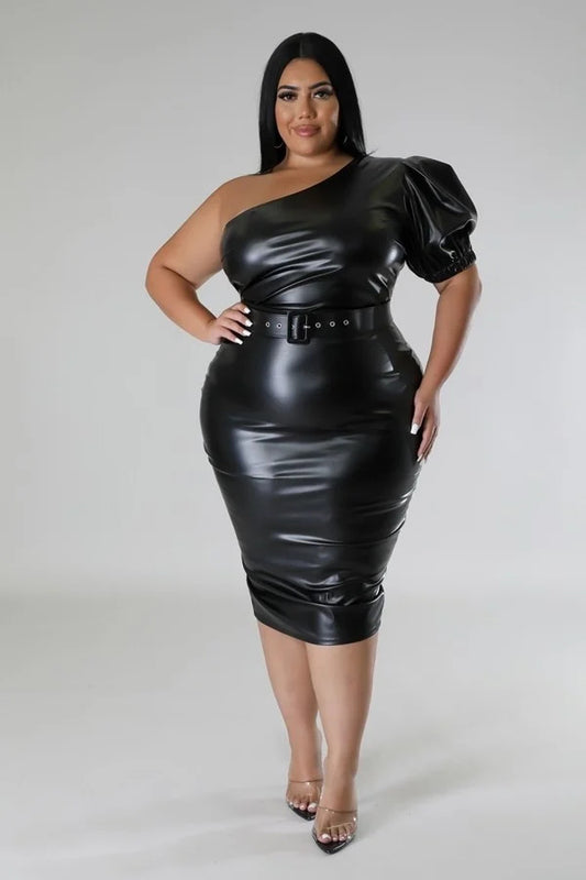Plus Black Faux Leather One-Shoulder Semi-Stretch Dress