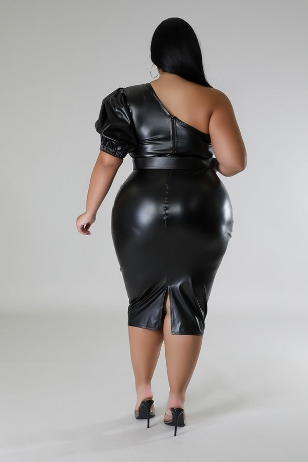 Plus Black Faux Leather One-Shoulder Semi-Stretch Dress