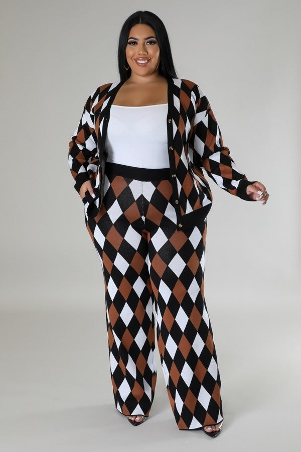 Plus Black/Multi V-Cut Stretch Pant Set with Button Detail