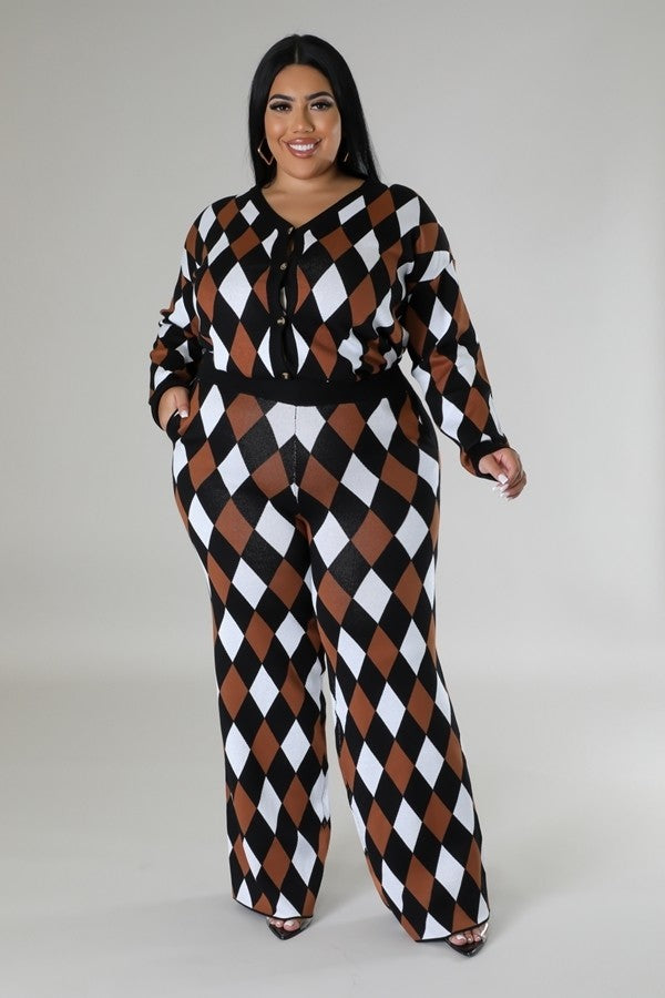 Plus Black/Multi V-Cut Stretch Pant Set with Button Detail