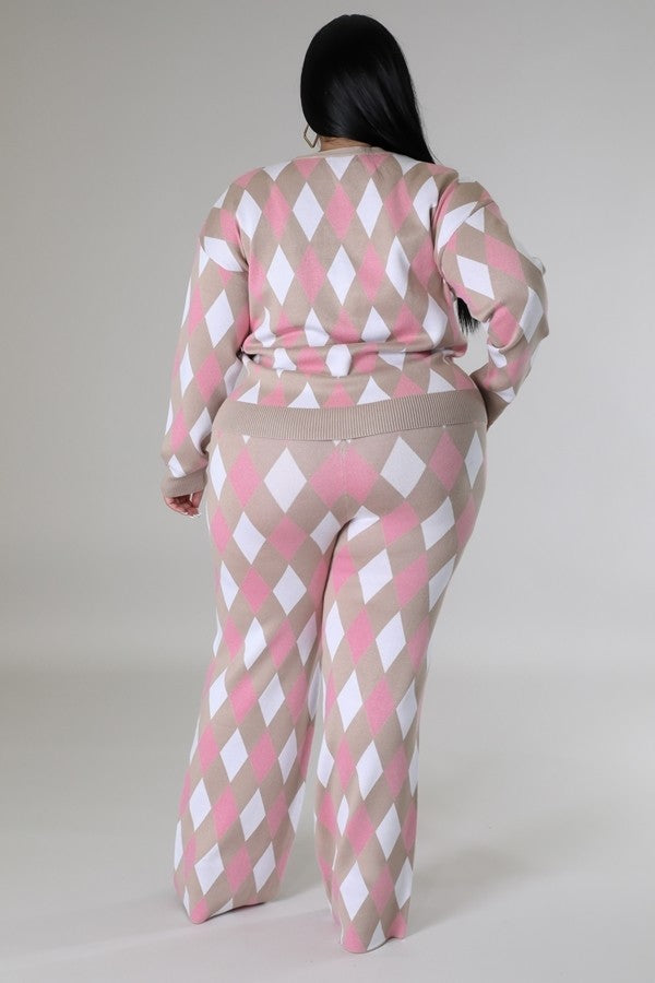 Plus Pink/Multi V-Cut Long Sleeve Stretch Pant Set