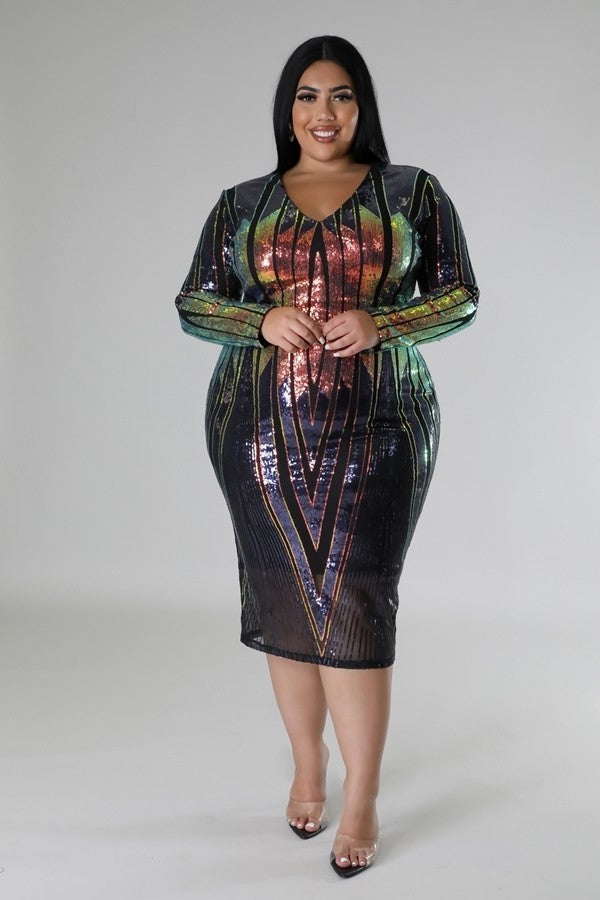 Plus Multi-Colored Long Sleeve Sequin Stretch Dress