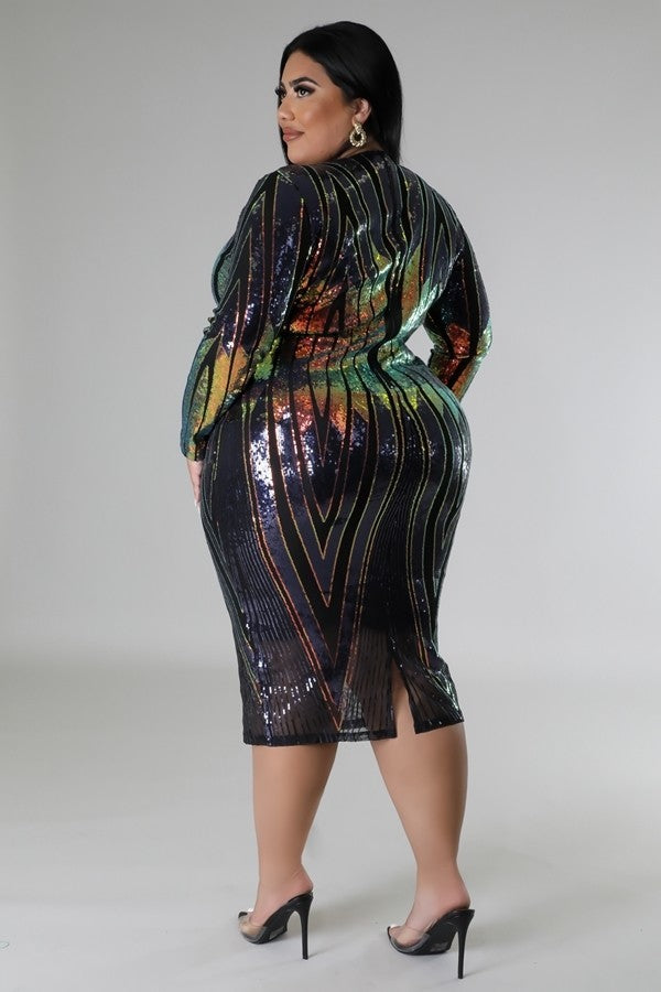 Plus Multi-Colored Long Sleeve Sequin Stretch Dress