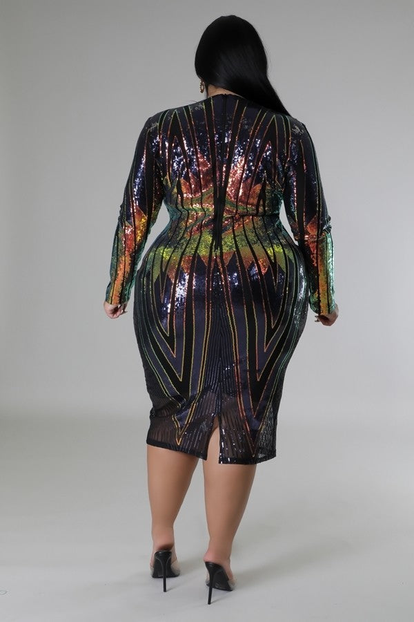 Plus Multi-Colored Long Sleeve Sequin Stretch Dress