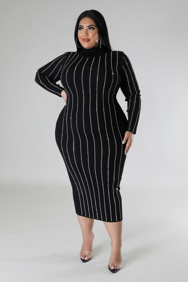 Plus Black Turtle Neck Stretch Dress with Rhinestone Detailing