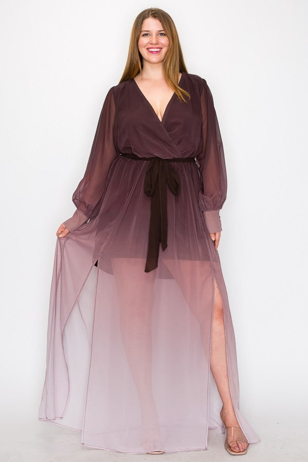 Plus Brown Ombre Chiffon Wrap Front Long Sleeve Tie Waist Maxi Dress