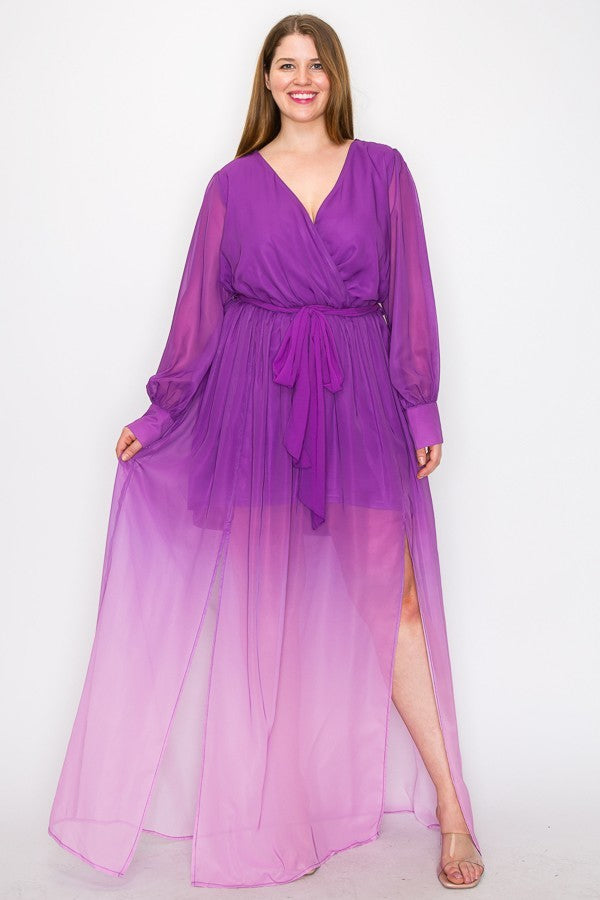 Plus Magenta Ombre Chiffon Wrap Front Long Sleeve Tie Waist Maxi Dress