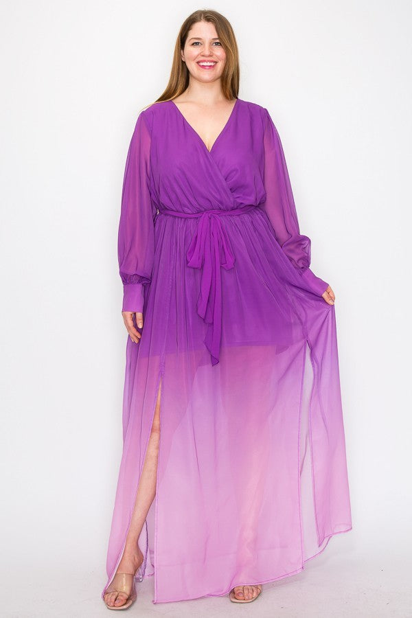 Plus Magenta Ombre Chiffon Wrap Front Long Sleeve Tie Waist Maxi Dress