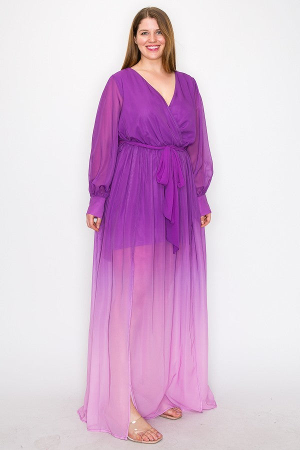 Plus Magenta Ombre Chiffon Wrap Front Long Sleeve Tie Waist Maxi Dress