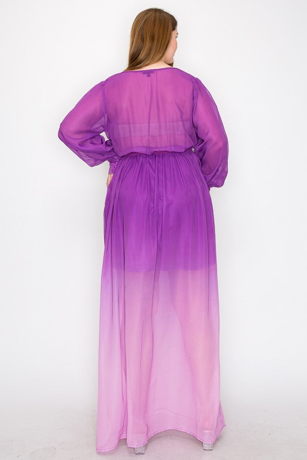 Plus Magenta Ombre Chiffon Wrap Front Long Sleeve Tie Waist Maxi Dress