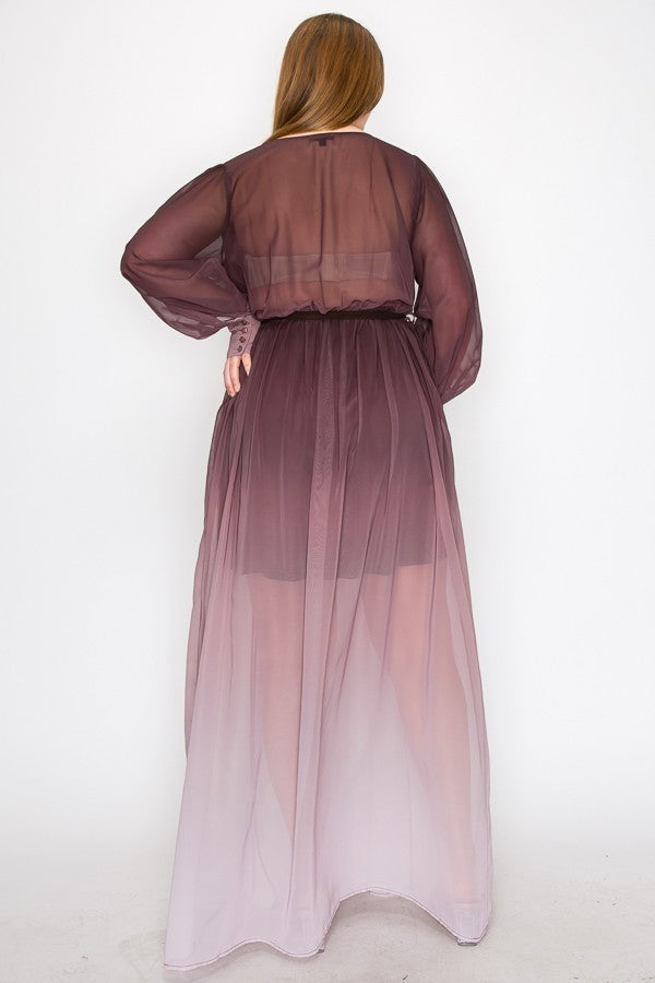 Plus Brown Ombre Chiffon Wrap Front Long Sleeve Tie Waist Maxi Dress