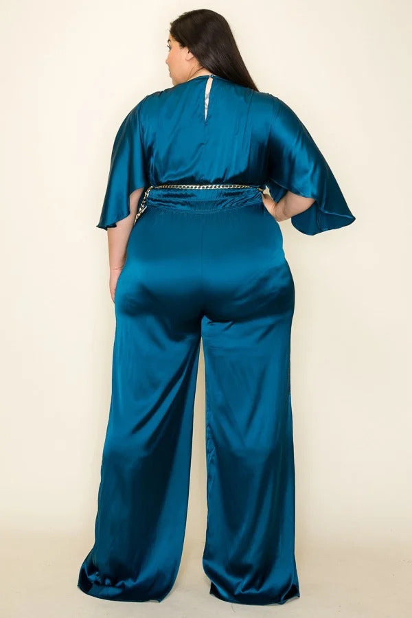 Plus Teal Satin Wrap Front Short Sleeve Jumpsuit