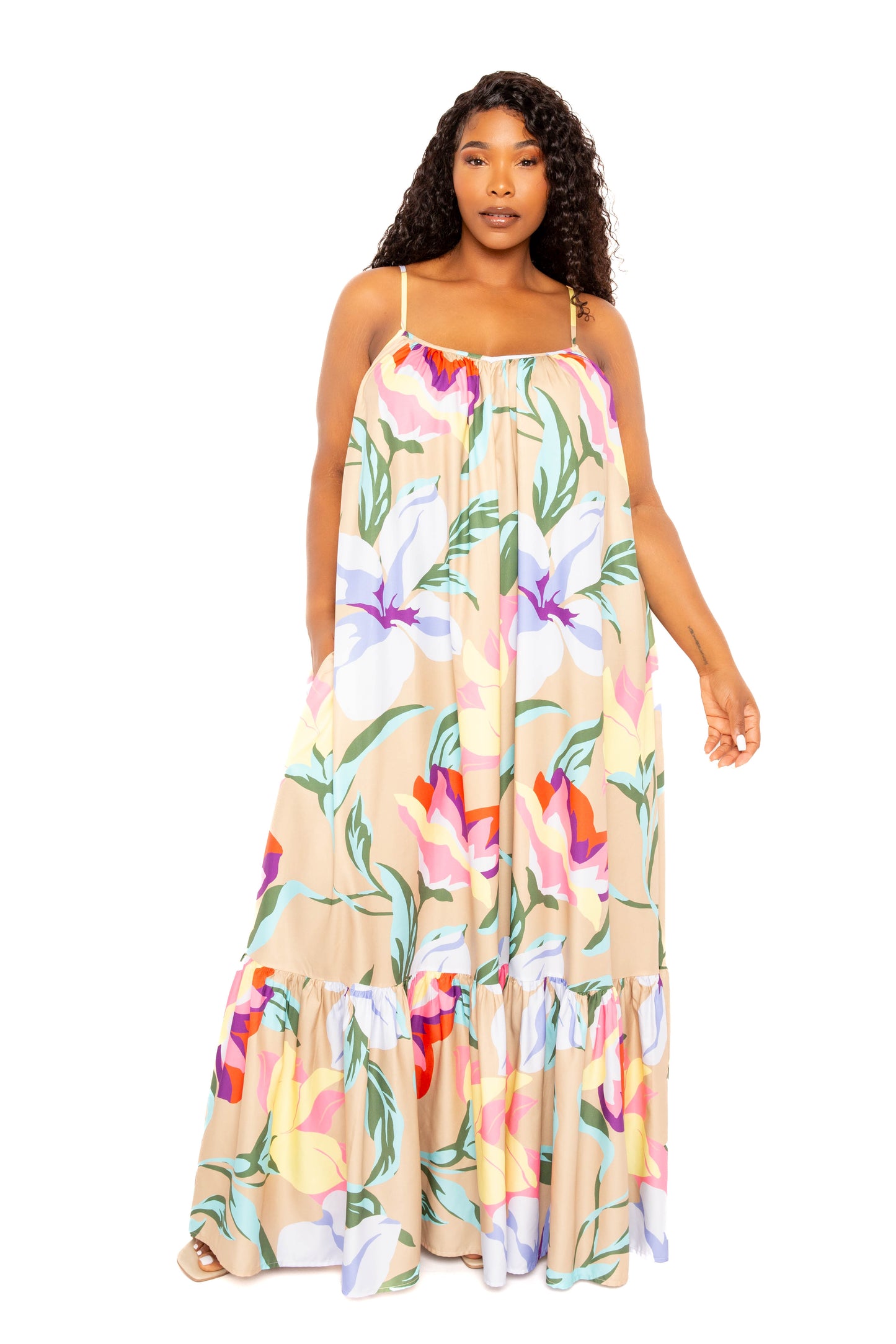 Plus Beige Printed Voluminous Maxi Dress