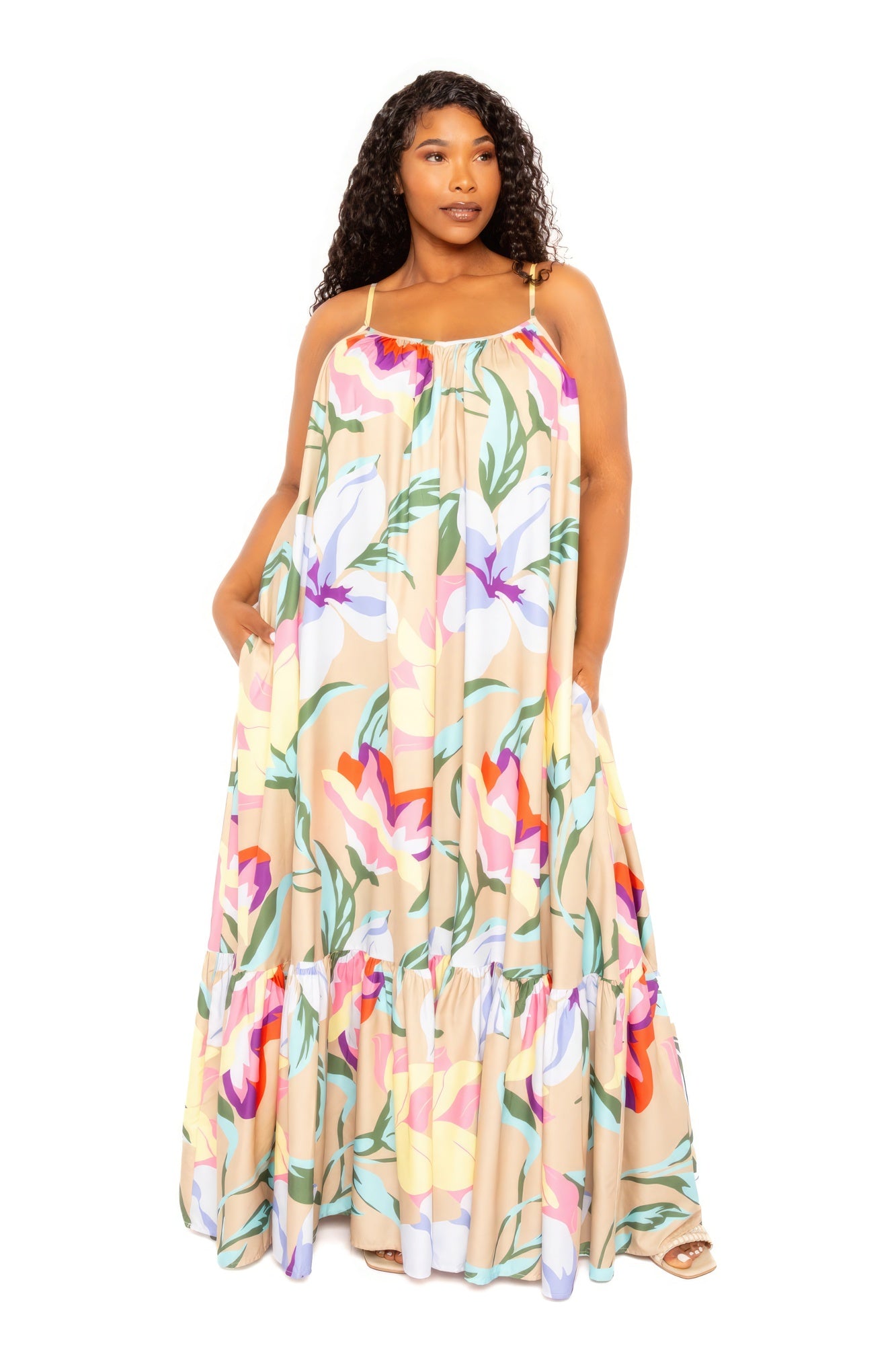 Plus Beige Printed Voluminous Maxi Dress