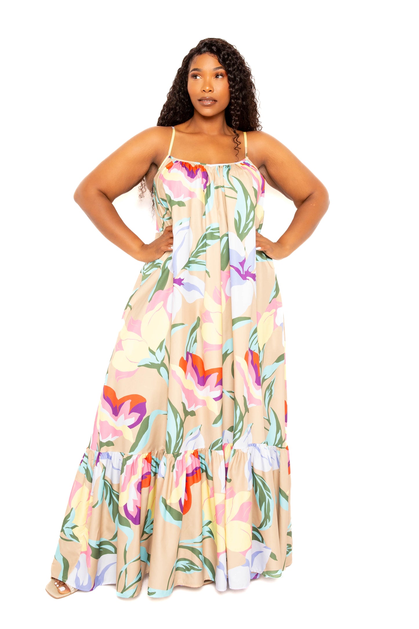 Plus Beige Printed Voluminous Maxi Dress