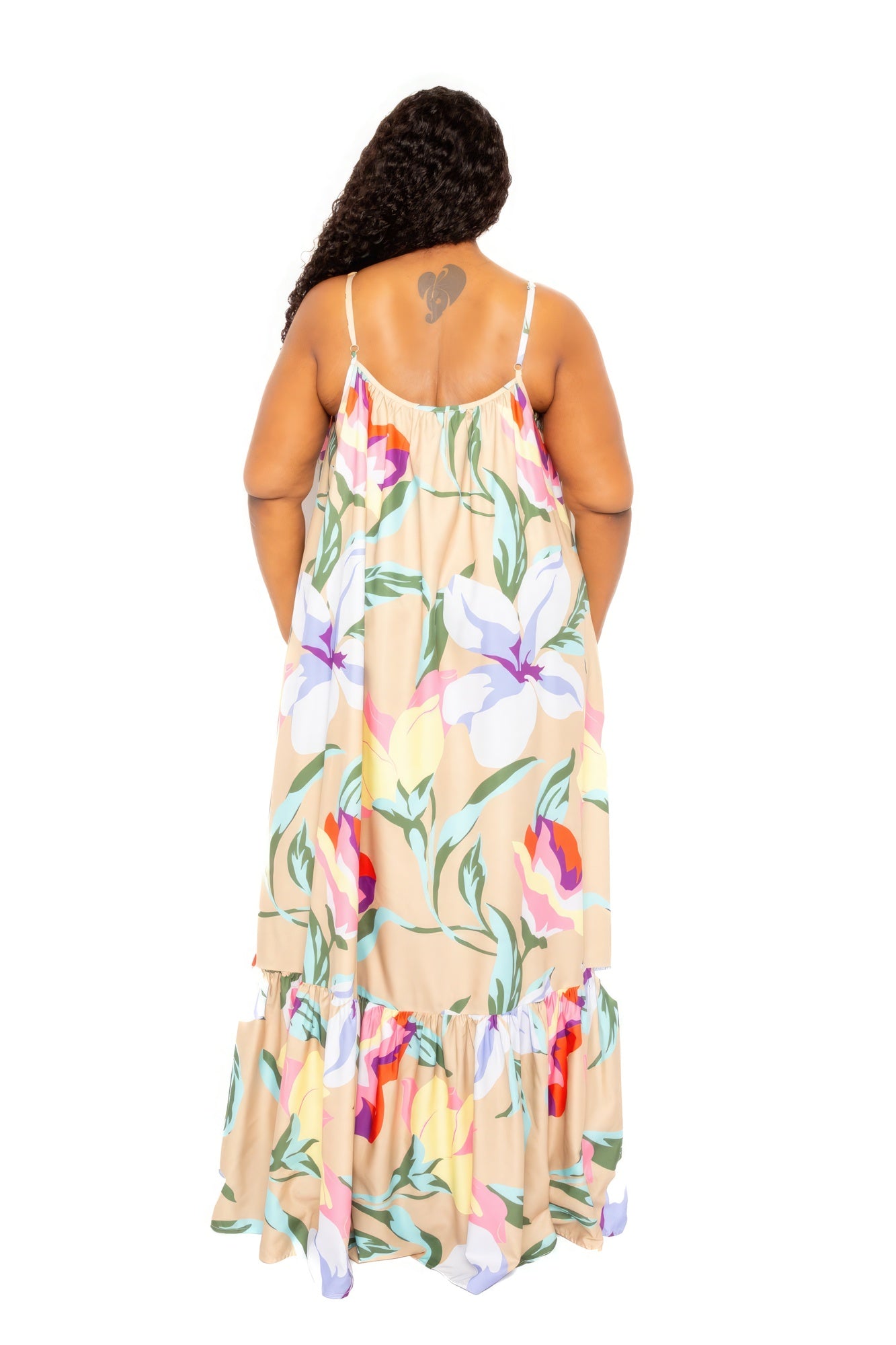 Plus Beige Printed Voluminous Maxi Dress