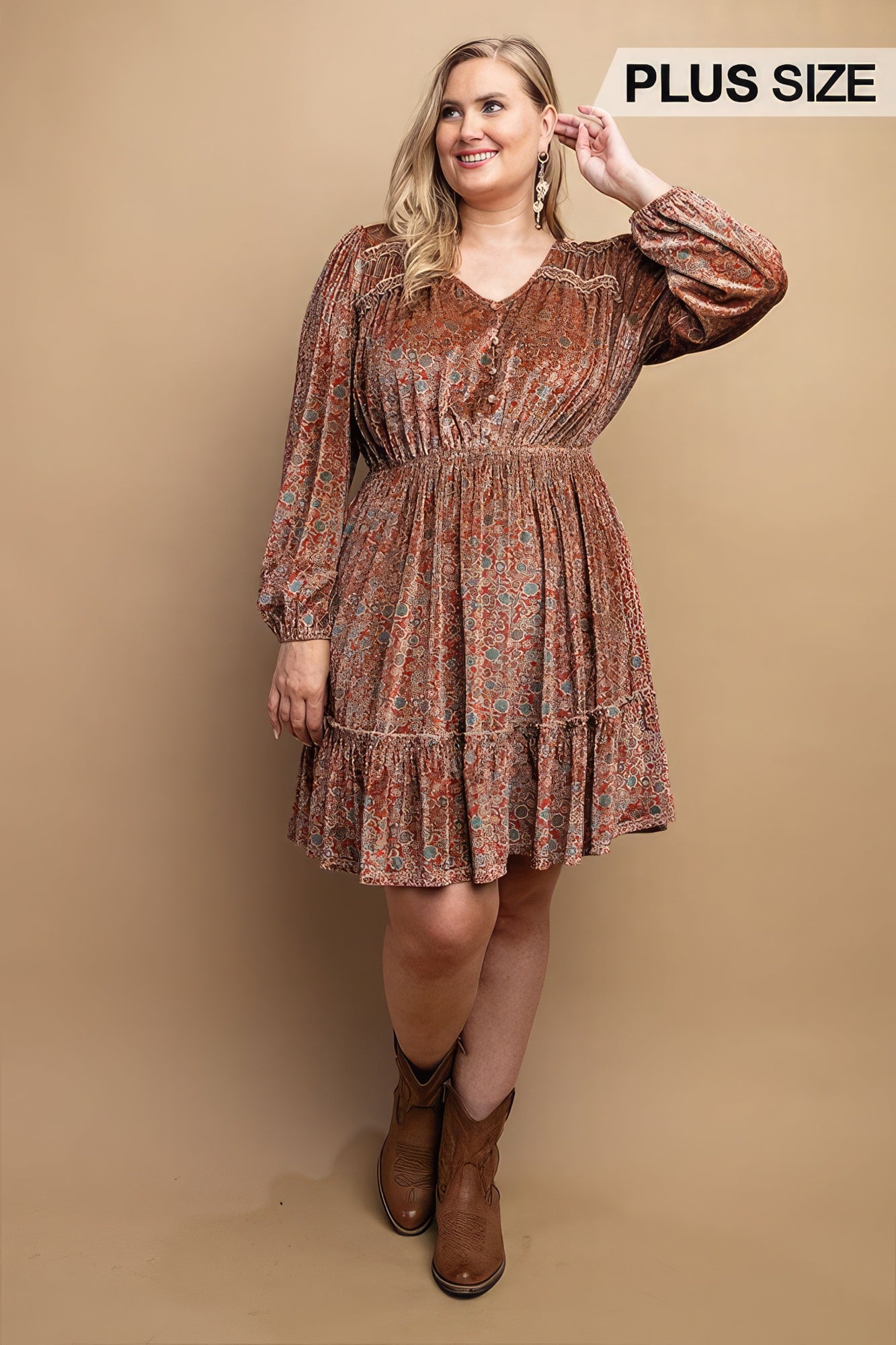 Plus Maroon Printed Velvet V-neck Dress