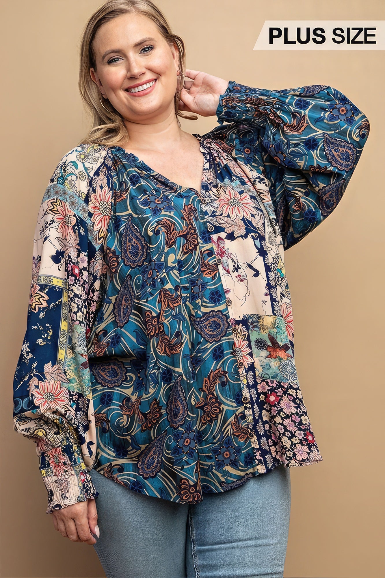 Plus Midnight Mixed Print Long Sleeve Top