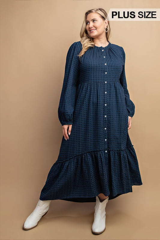 Plus Navy Plaid Button Down Hi-Low Hem Maxi Dress