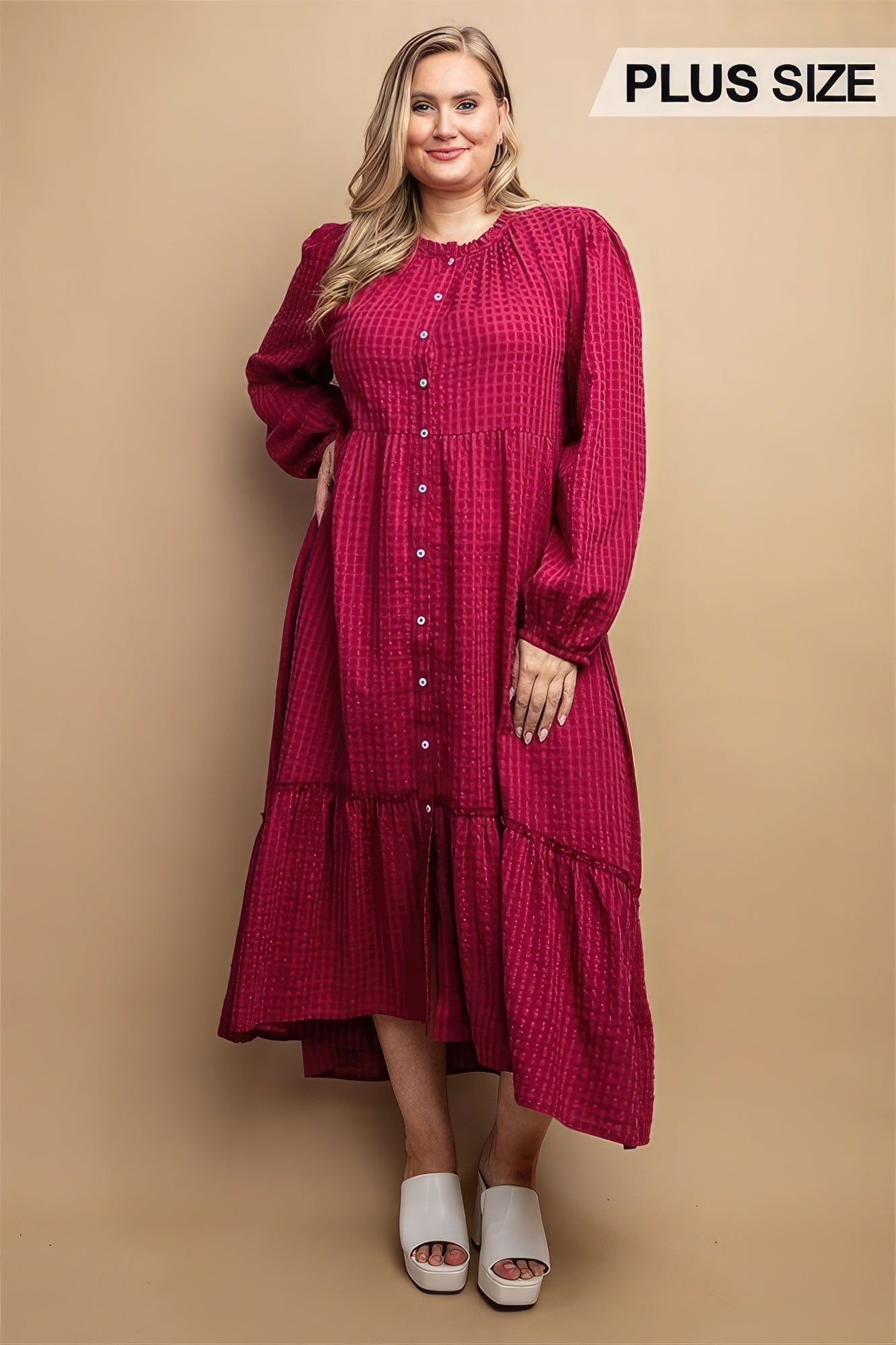 Plus Plum Plaid Button Down Hi-Low Hem Maxi Dress