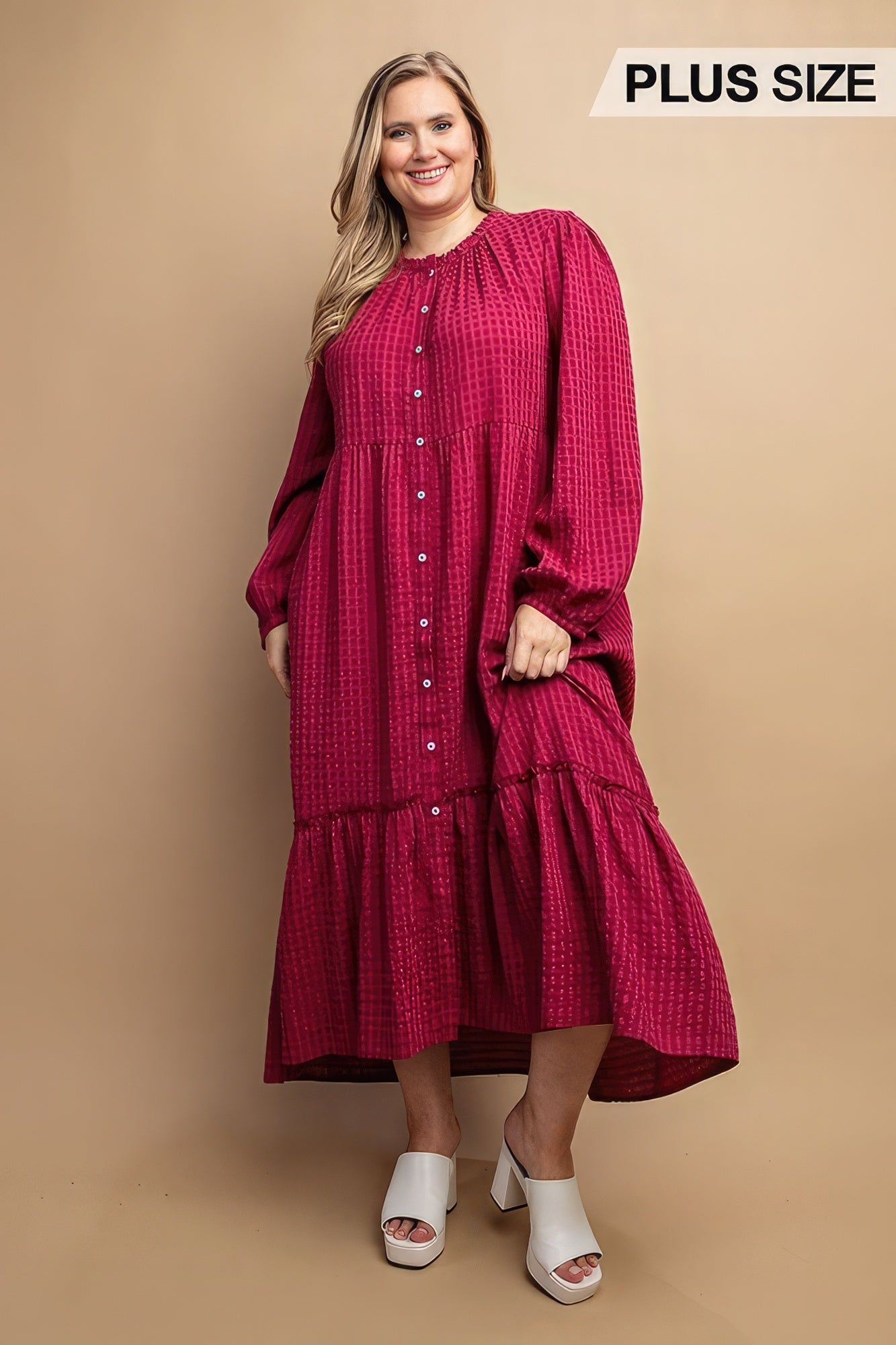 Plus Plum Plaid Button Down Hi-Low Hem Maxi Dress