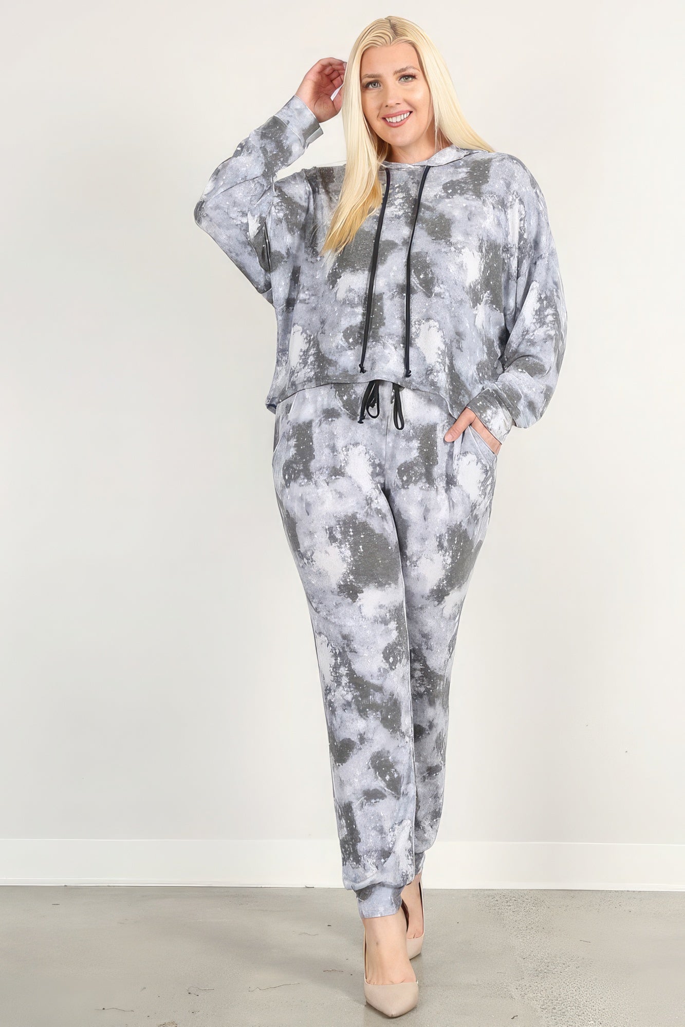 Plus Navy Tie Dye Print Hoodie & Sweatpants Set