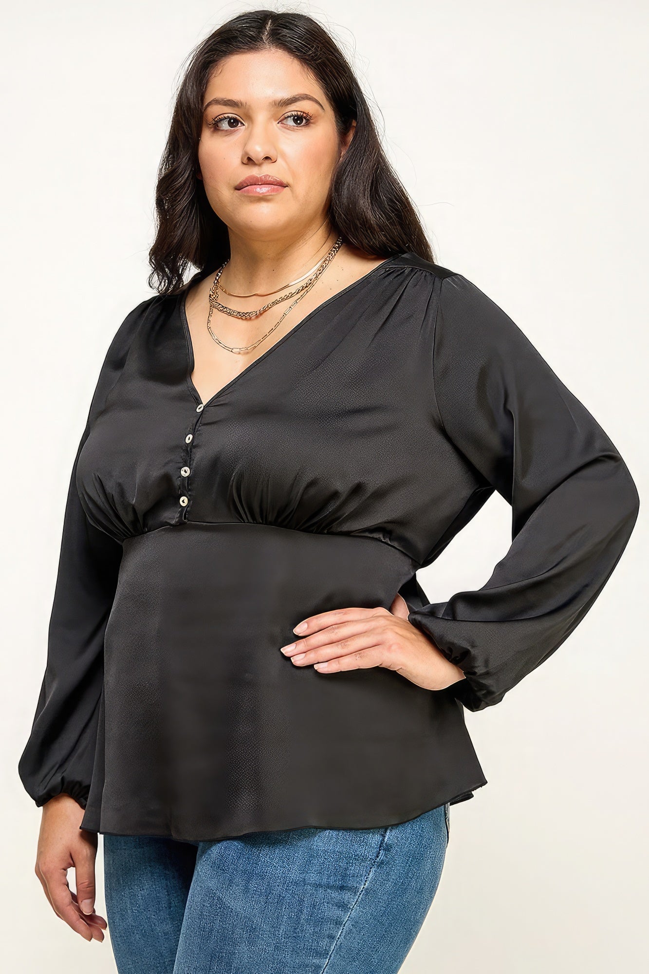 Plus Black Satin Babydoll Blouse