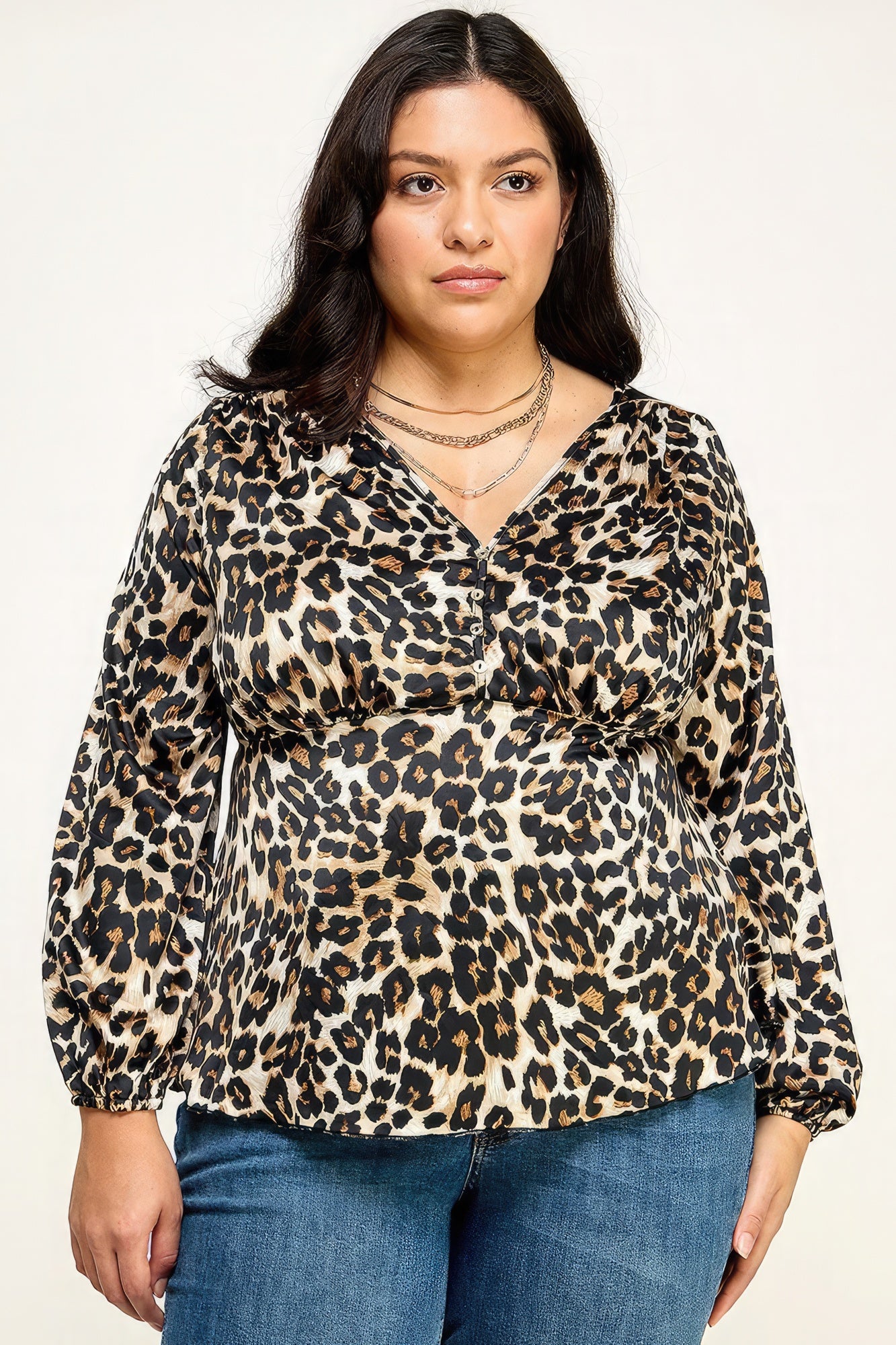 Plus Taupe Satin Animal Babydoll Blouse