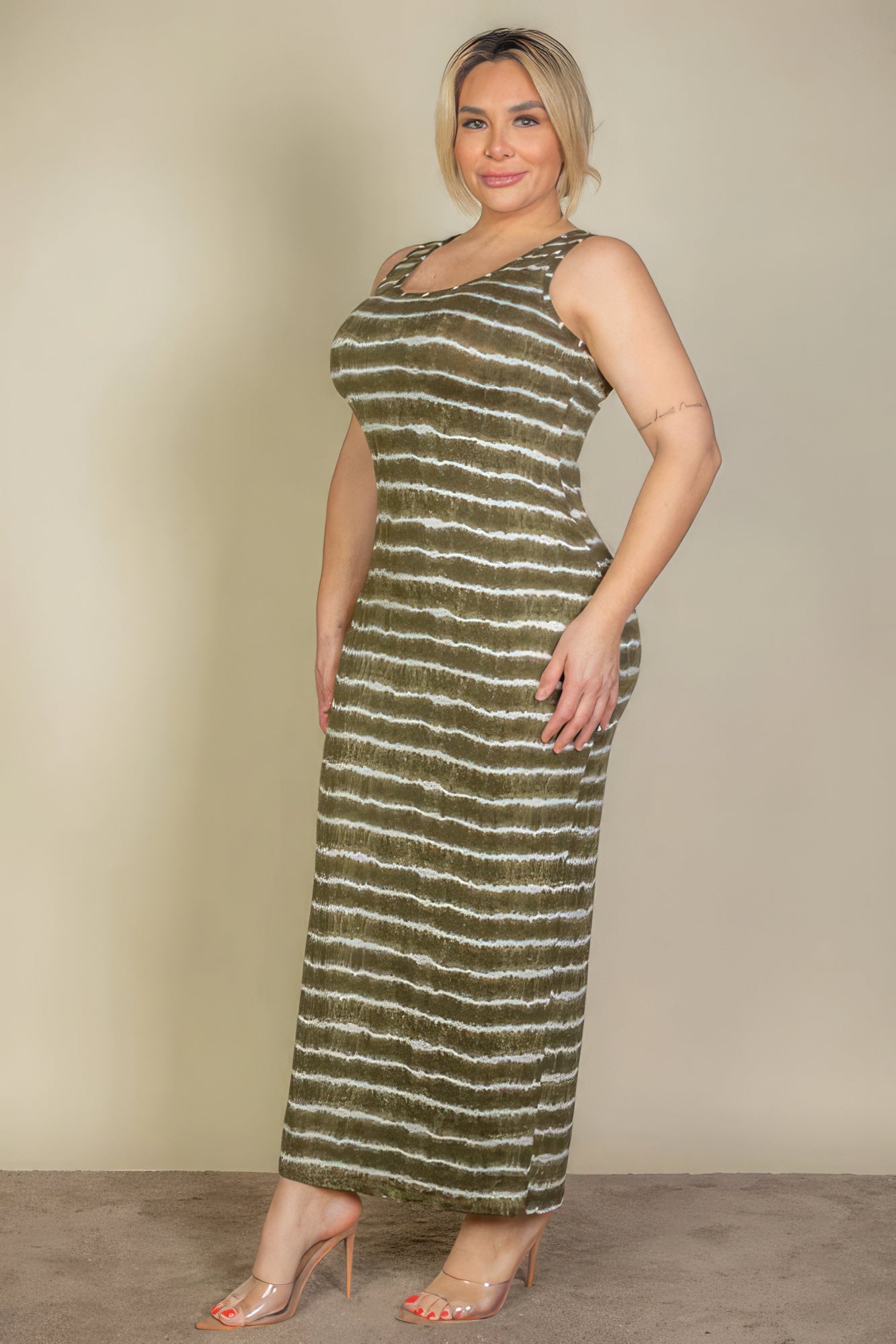 Plus Olive Tie Dye Tank Bodycon Maxi Dress