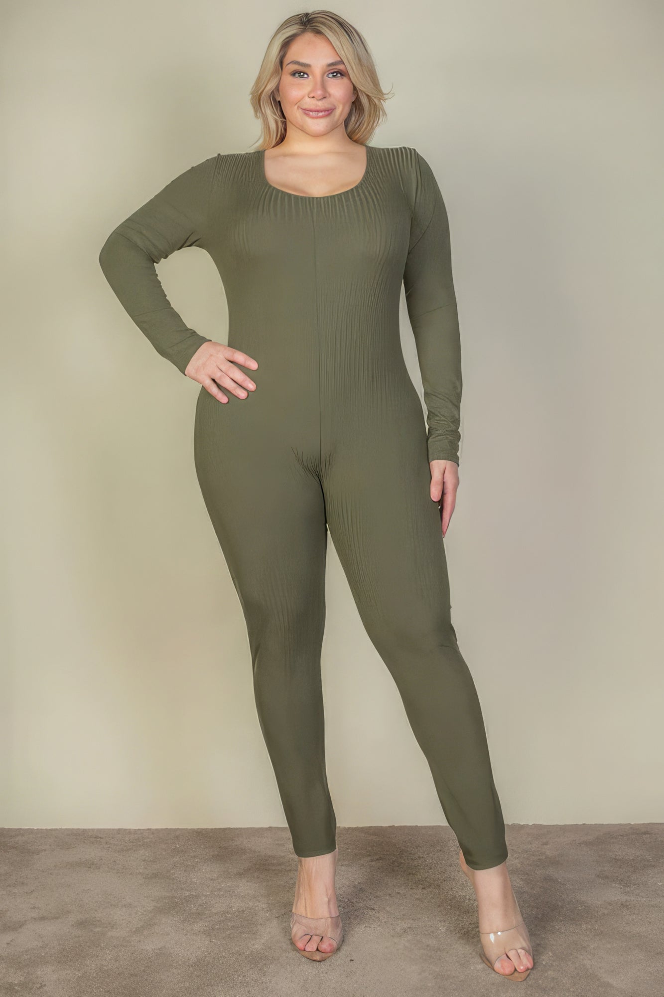 Plus Olive Ribbed Scoop Neck Jumpsuit