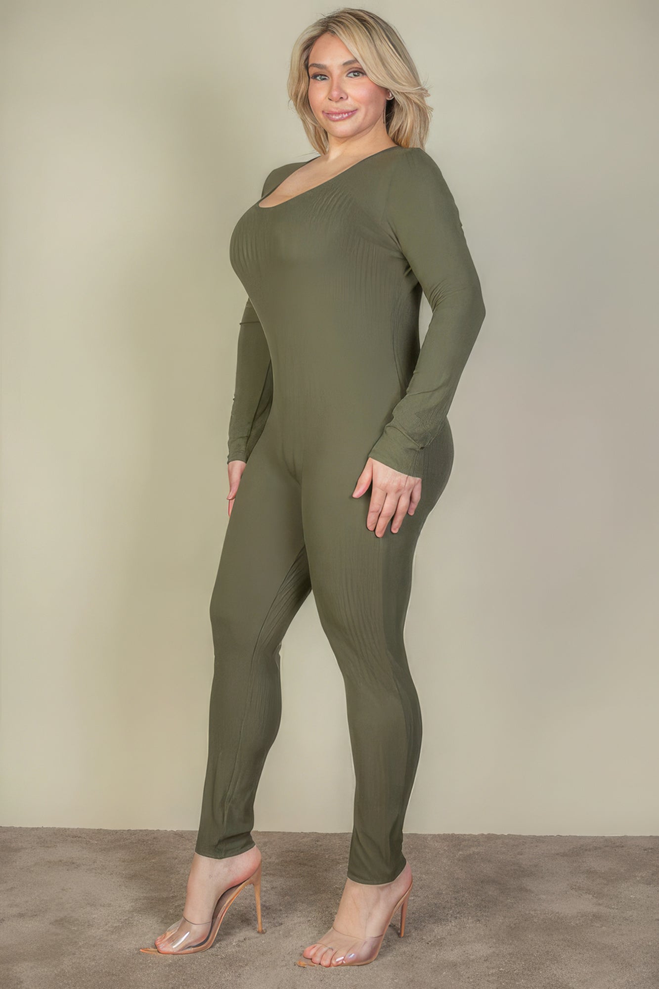 Plus Olive Ribbed Scoop Neck Jumpsuit