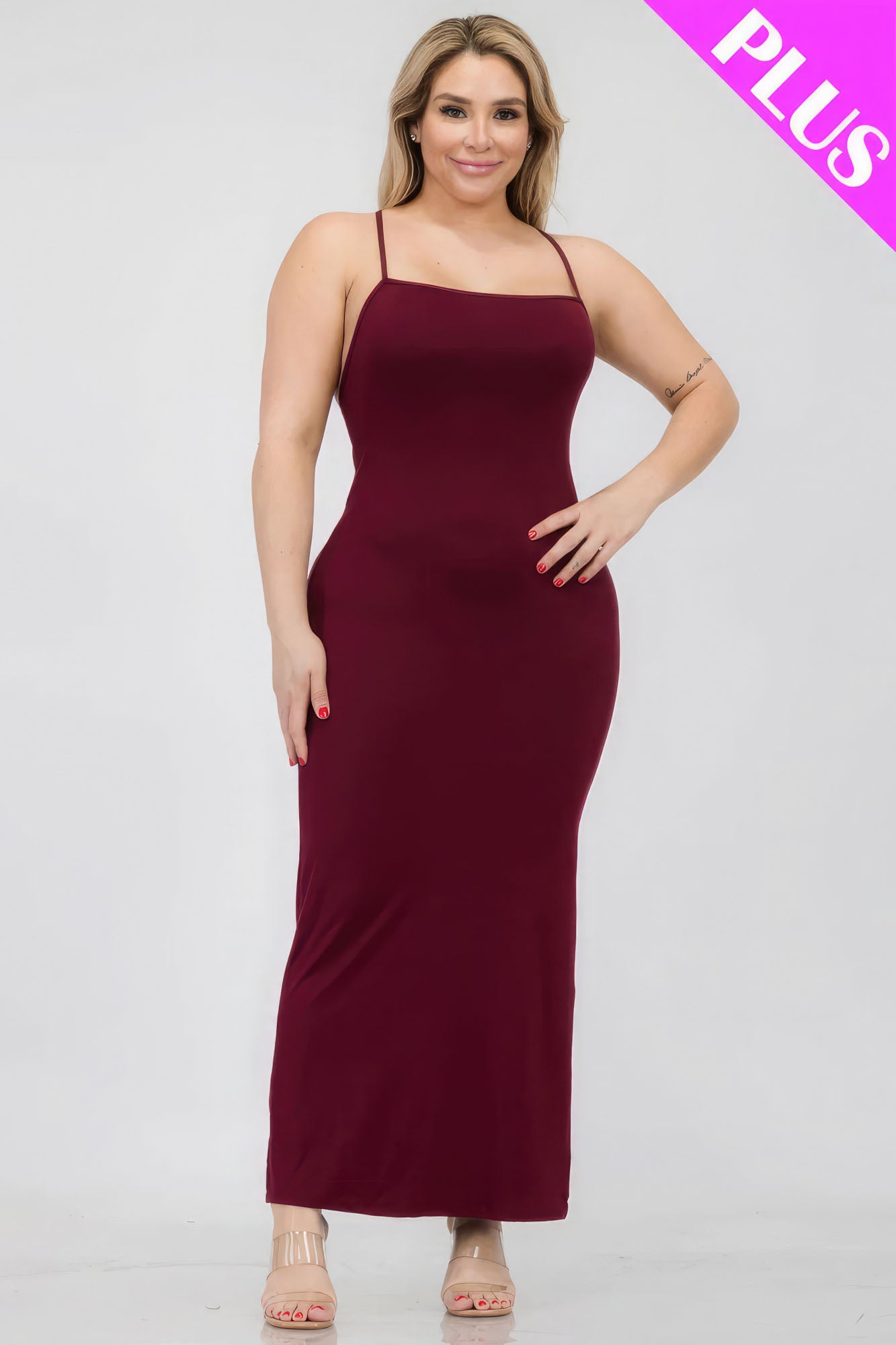 Plus Burgundy Criss Cross Back Split Thigh Maxi Dress