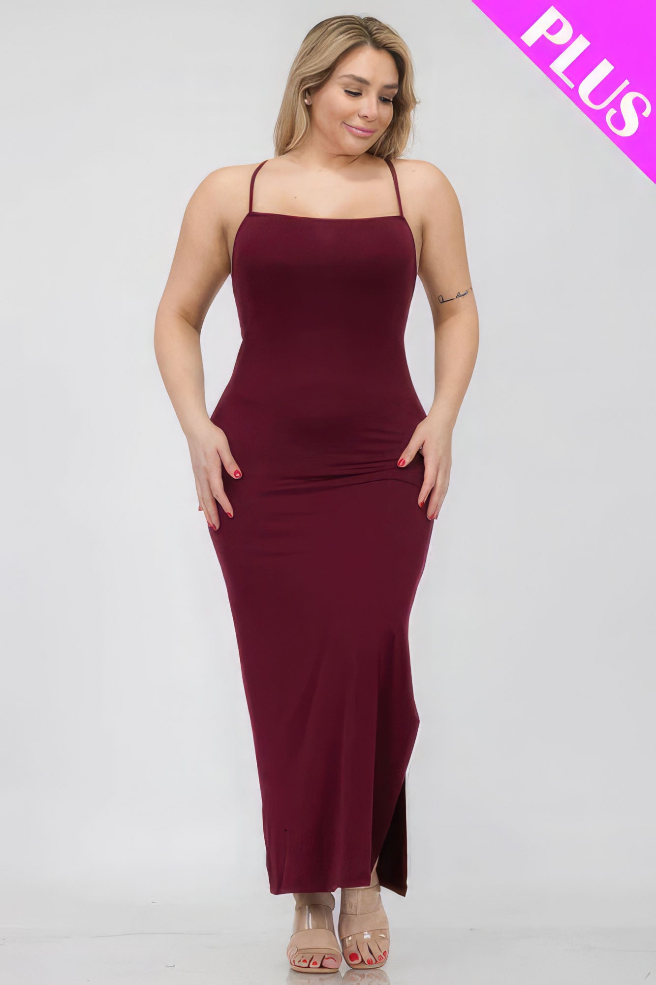 Plus Burgundy Criss Cross Back Split Thigh Maxi Dress