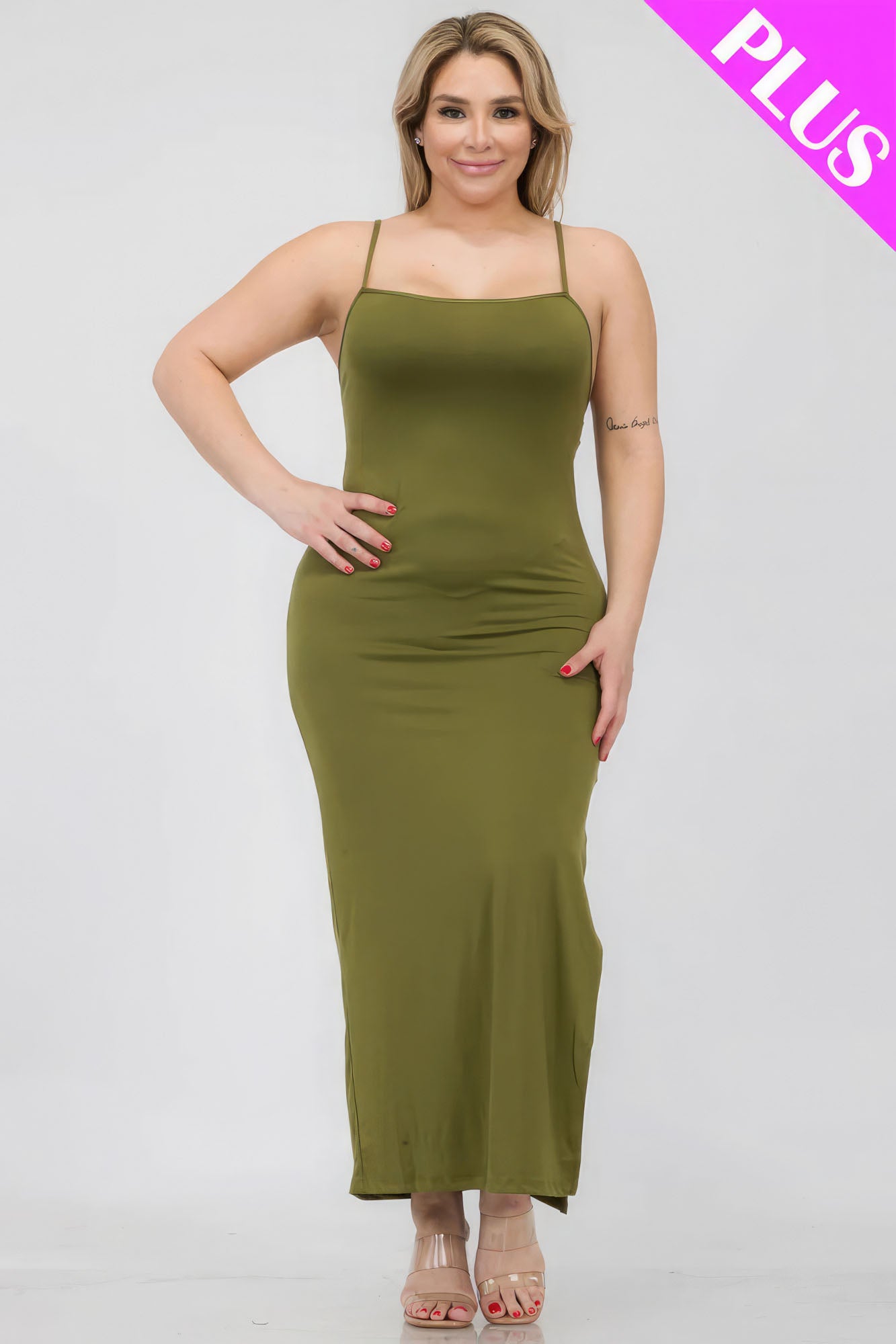 Plus Olive Criss Cross Back Split Thigh Maxi Dress