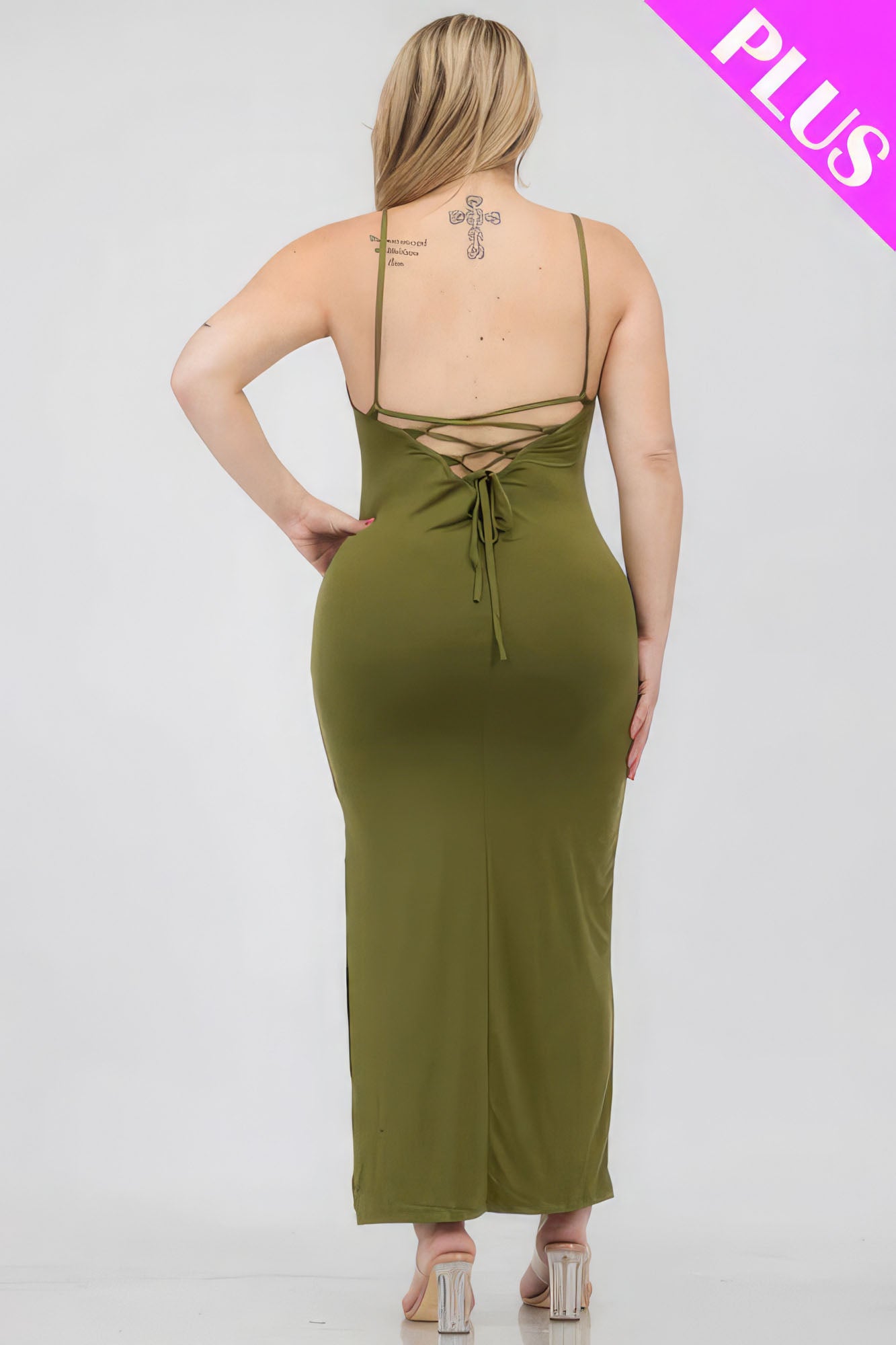 Plus Olive Criss Cross Back Split Thigh Maxi Dress