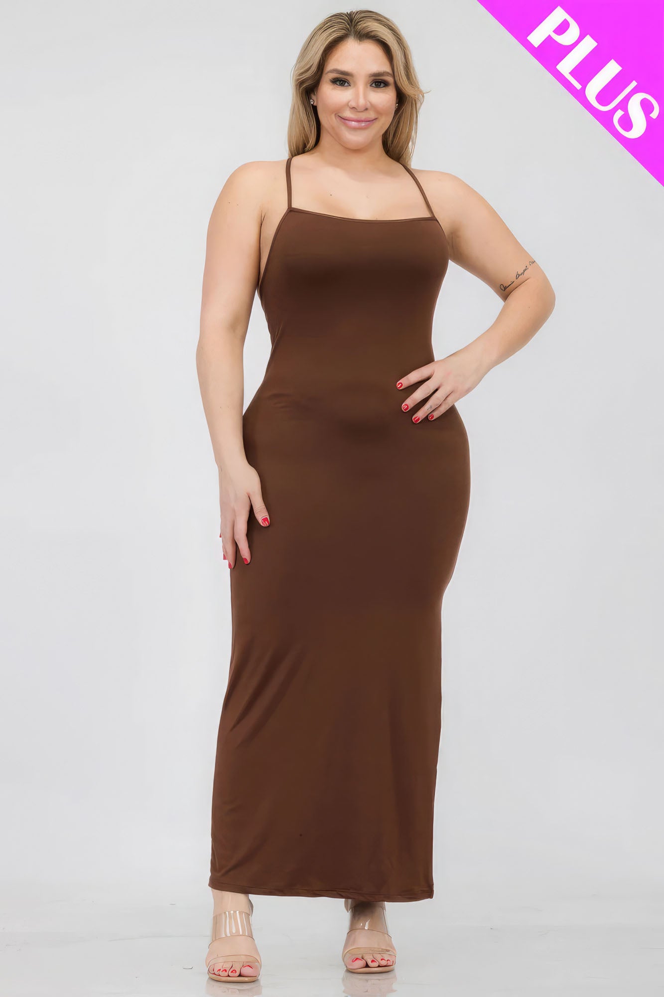 Plus Downtown Brown Criss Cross Back Split Thigh Maxi Dress