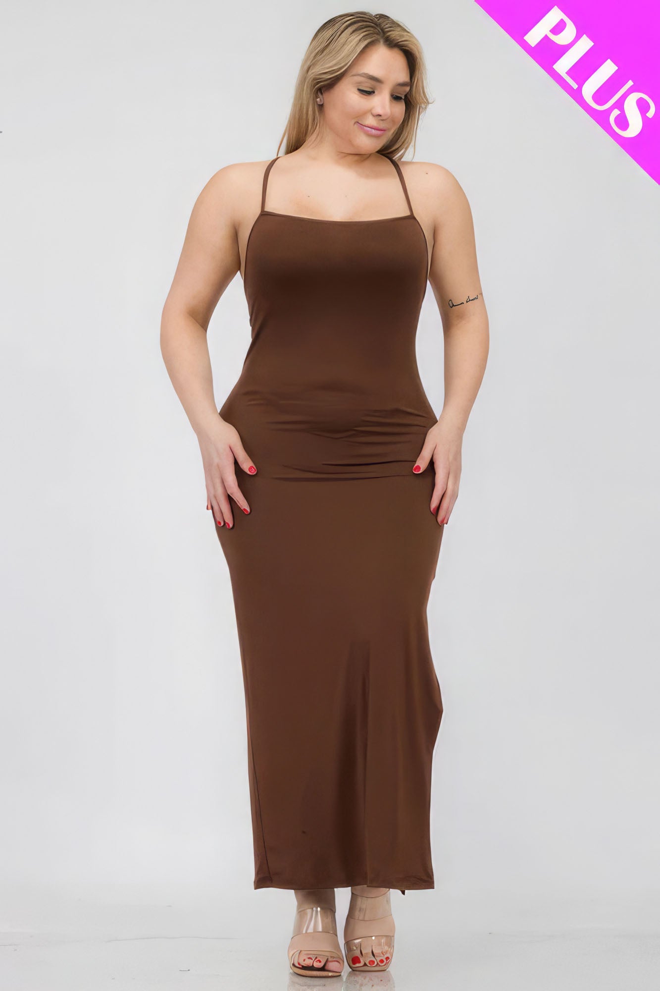 Plus Downtown Brown Criss Cross Back Split Thigh Maxi Dress