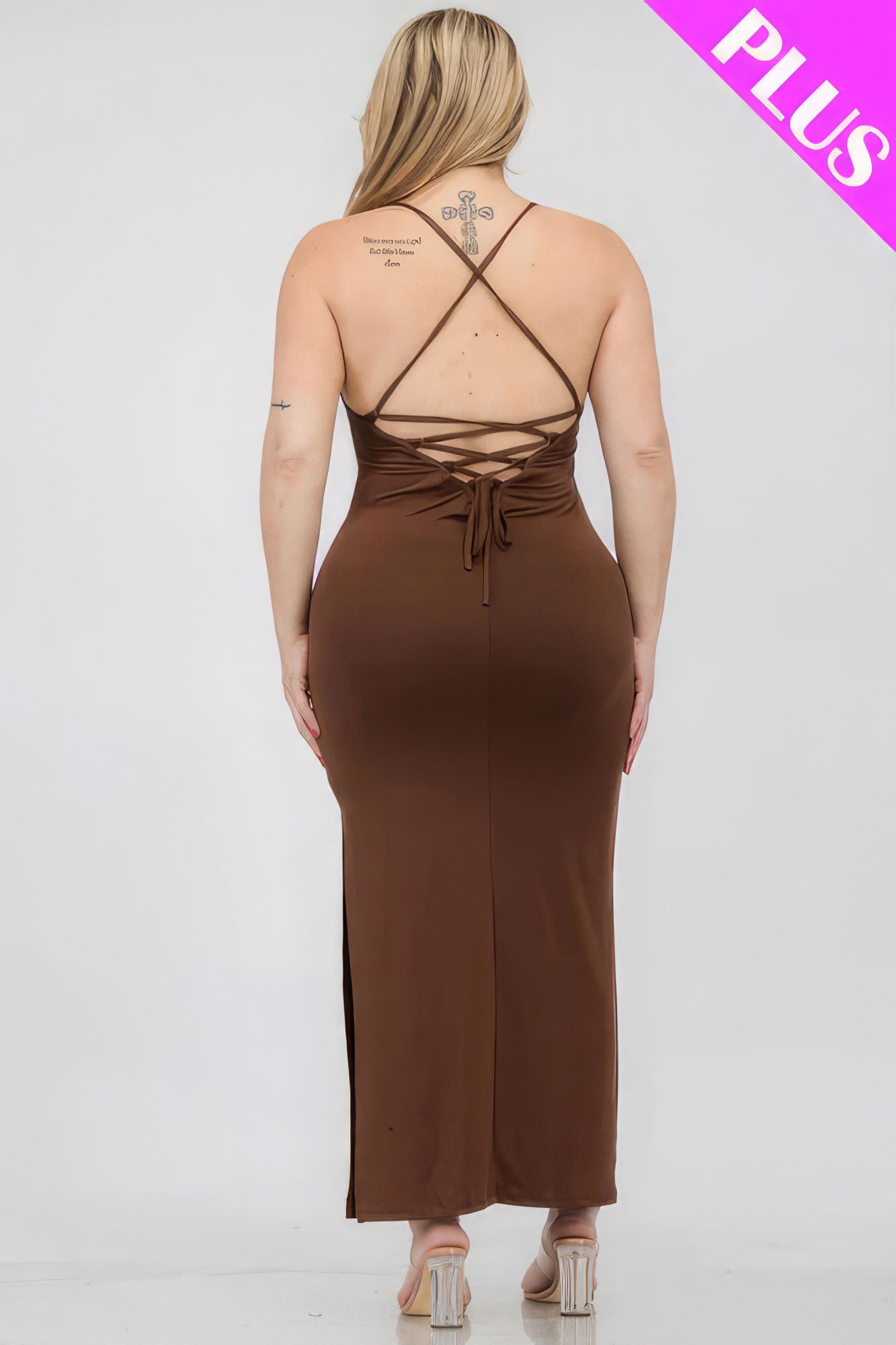 Plus Downtown Brown Criss Cross Back Split Thigh Maxi Dress