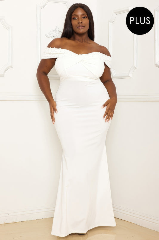 Plus Ivory Pearl Bead Off The Shoulder Maxi Dress
