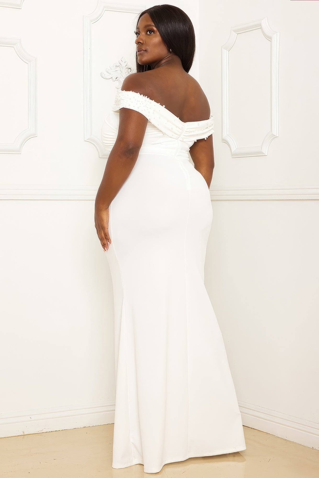 Plus Ivory Pearl Bead Off The Shoulder Maxi Dress